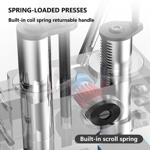 Heavy Duty Benchtop Arbor Press With Automatic Retractable Handle And 1100 Lb Manual Forming Capacity Built From Solid Cast Iron showing spring-loaded press mechanism with coil spring.