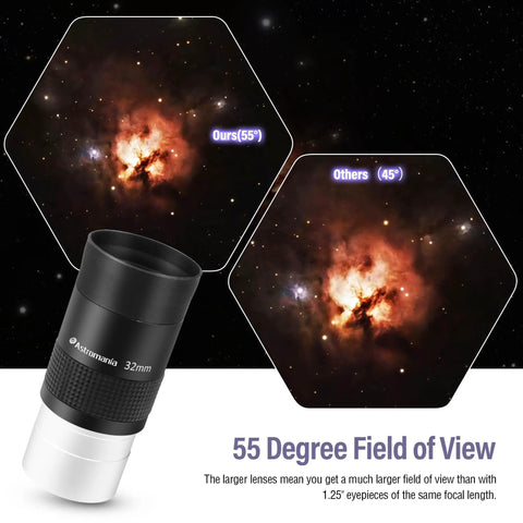2 Inch Kellner Wide Field Eyepiece 32mm Fully Multi Coated Lens With Filter Thread For Telescope Accessory demonstrating 55 degree FOV