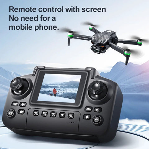 Drone with screen controller and brushless motors, altitude hold, one key takeoff, landing, active obstacle avoidance visible in flight