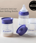 Soft Anti Colic Nipples For Everyday Bottle Feedings Paired With 5 Oz Breastmilk Storage Bottles In A Four Pack, featuring clear containers with purple lids.