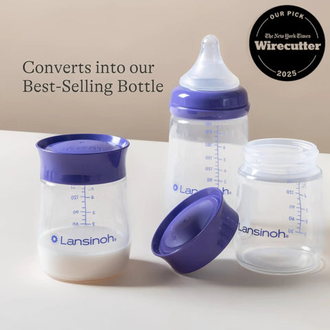 Soft Anti Colic Nipples For Everyday Bottle Feedings Paired With 5 Oz Breastmilk Storage Bottles In A Four Pack, featuring clear containers with purple lids.
