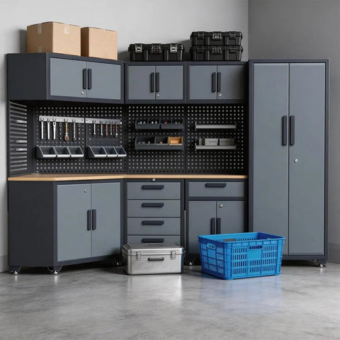16 Piece Garage Storage Cabinet System With Corner Cabinets, Workbenches, And Pegboard, installed in a workshop.