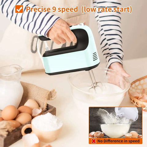 9 Speed Digital Hand Mixer With 400W Kickin Power And Featherlight Build in use, mixing ingredients in a glass bowl.