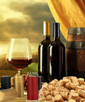 Wine Bottle Corks And Seals Kit With 200 Pcs Corks And 100 Pcs PVC Caps, bottles and wine glass in vineyard setting
