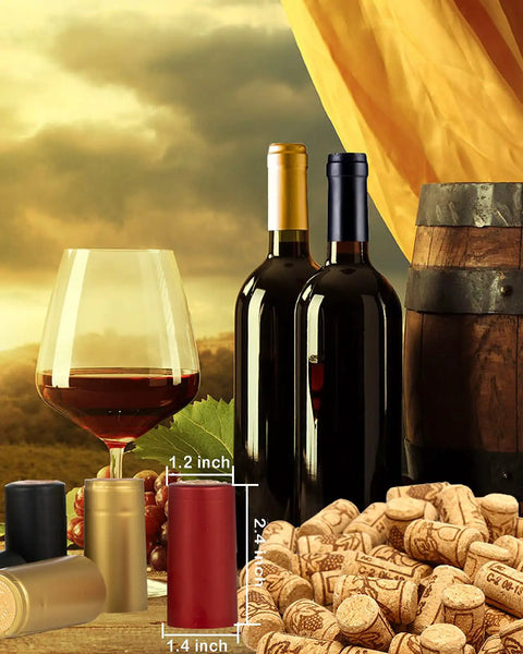 Wine Bottle Corks And Seals Kit With 200 Pcs Corks And 100 Pcs PVC Caps, bottles and wine glass in vineyard setting