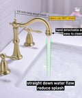 8 Inch Widespread Brushed Gold Bathroom Faucet With Overflow Pop Up Drain Assembly And 3 Hole Mount Solid Brass Vanity Sink Tap Complete With cUPC Water Supply Lines For Dope Luxury Look showing water flow and spout design