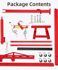 Package contents of Heavy Duty Folding Hydraulic Engine Hoist With Auto Leveler, 4400 Lbs including various red components.