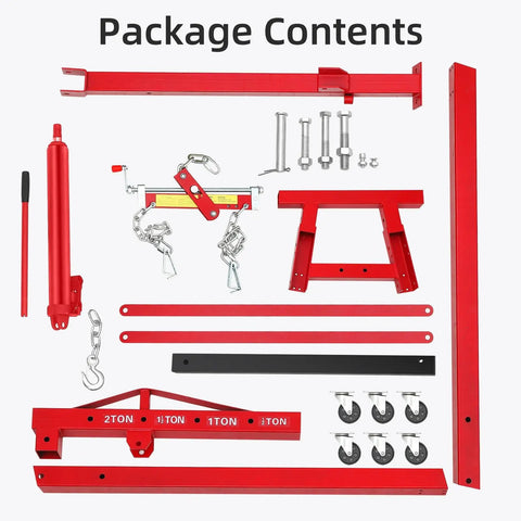 Package contents of Heavy Duty Folding Hydraulic Engine Hoist With Auto Leveler, 4400 Lbs including various red components.