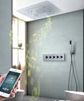 Luxury LED Rain Shower System With Built In Bluetooth Speakers And Thermostatic Faucet Set Five Function Matte Black Body Jet Kit, ceiling mounted with smartphone control.