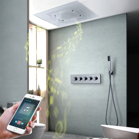 Luxury LED Rain Shower System With Built In Bluetooth Speakers And Thermostatic Faucet Set Five Function Matte Black Body Jet Kit, ceiling mounted with smartphone control.