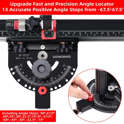 Heavy Table Saw Miter Gauge With Micro Adjust Flip Stop And Extensible Aluminum Fence From 18 To 32 Inches with angle locator.