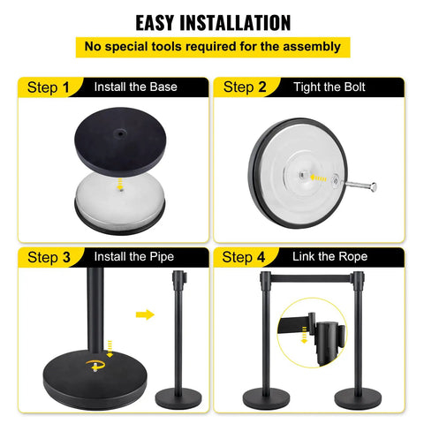Four Piece Pro Grade Crowd Control Stanchion Set With 6.6 Ft Retractable Belt Black Barrier With Concrete And Metal Base assembly guide