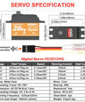 Beefy Waterproof High Torque RC Servo With Metal Gears 20Kg 25T Horn For 1 Tenth And 1 Twelfth Scale RC Cars And Robots specifications chart