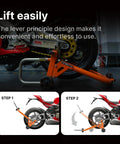 Sport Motorcycle Rear Stand With 360 Degree Rotating Lift, showing use on motorcycle with double arm frame and lever design.