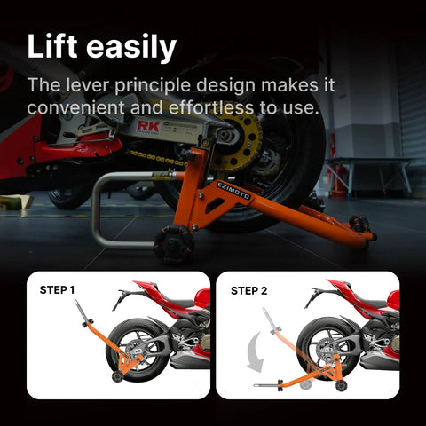 Sport Motorcycle Rear Stand With 360 Degree Rotating Lift, showing use on motorcycle with double arm frame and lever design.