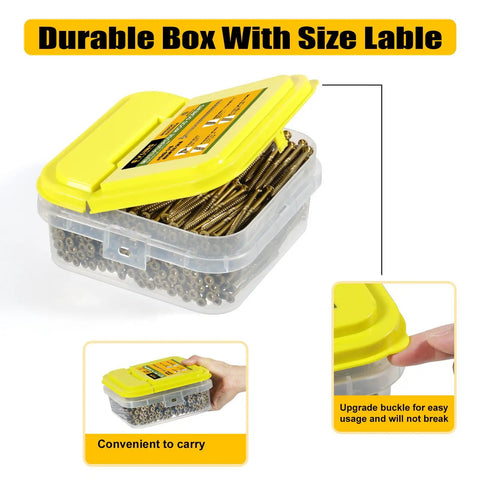 Multi-Purpose Wood Deck Screws Number Nine By Two And A Half Inch Bugle Head Golden Coating T25 Torx Star Drive For Interior And Exterior Use In Furniture Building Fence Decking Pack Of Four Hundred Ninety Pieces Five Pounds shown in durable plastic box with yellow lid