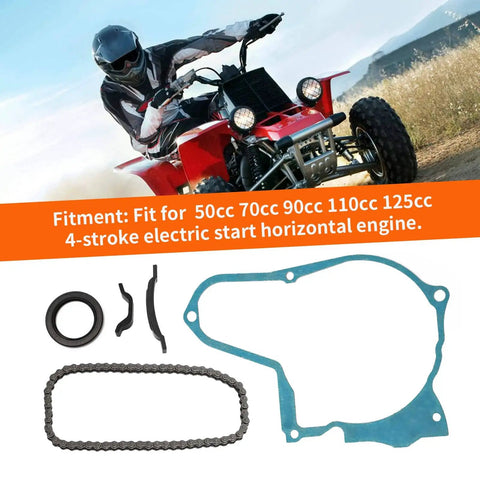 Starter Chain Kit Fits Chinese 4 Stroke 50cc 70cc 90cc 110cc 125cc ATV Dirt Bike Go Kart With Starter Chain Tensioner Guides Oil Seal And Paper Gasket Random Color Included parts and rider.