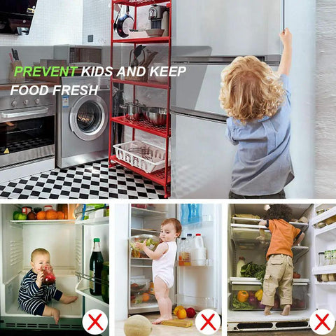 Child attempting to open a refrigerator door in a kitchen scene, showcasing the need for Freezer Door Alarm With Adjustable Delay For Doors Left Open Wireless Refrigerator Alert No Nonsense 108dB Loud Bells And Chimes 4 In 1 Sensor Easy Peel And Stick 2 Pack Great For Home Kitchen Or Garage Use