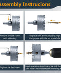 Assembly instructions for Heavy Duty 3 Inch Tungsten Carbide Hole Saw Set With Titanium Pilot Bit including steps for setup.