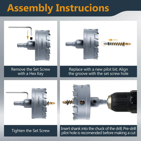 Assembly instructions for Heavy Duty 3 Inch Tungsten Carbide Hole Saw Set With Titanium Pilot Bit including steps for setup.