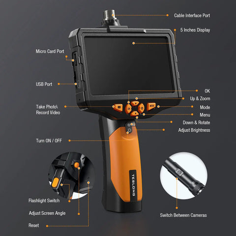 Triple Lens Borescope Endoscope With Light Pro Grade Digital Video Scope 5 Inch IPS Screen Waterproof Flexible Cable device