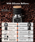 Game Changing 64 Mm Flat Burr Electric Coffee Grinder With 100 Adjustable Settings Precision Timer Anti Static Housing For Espresso French Press Smooth Stainless Steel Gunmetal Gray Finish with silicone bellows.