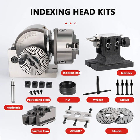 Heavy Duty Precision Dividing Head With Three Jaw Chuck And Full Sweep Rotary Table Tailstock Mount For Benchtop Milling Machines, components and tools displayed.