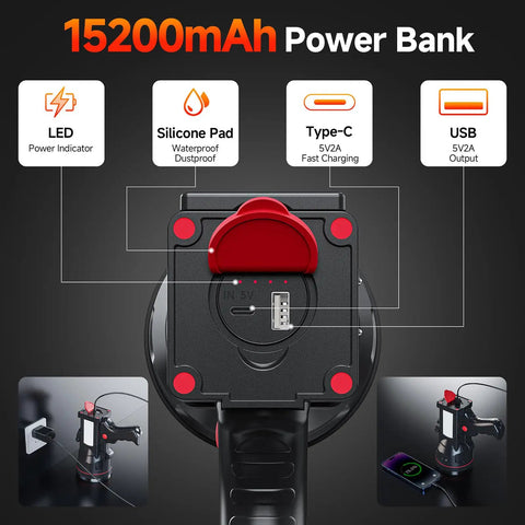 15200mAh power bank feature of Rechargeable Spotlight Flashlight With COB Light And Foldable Stand For Boating Camping Hunting