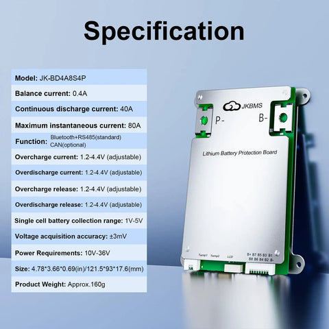 Active Balancing BMS for Lithium Battery Packs 4S-8S with 0.4A Transfer detailed specifications including dimensions and features.