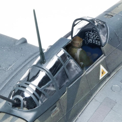 Stuka Ju 87G One Tank Buster Model Kit cockpit with clear canopy, pilot figure visible, light gray parts, scale one to forty-eight