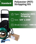 Heavy Duty Pet Strapping Kit With Dispensing Cart, 5/8 Inch By 2300 Feet, 1400 Lb Break Strength, includes strapping tools on a cart.