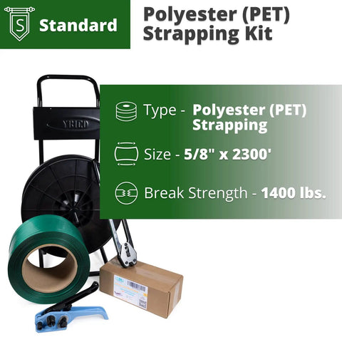 Heavy Duty Pet Strapping Kit With Dispensing Cart, 5/8 Inch By 2300 Feet, 1400 Lb Break Strength, includes strapping tools on a cart.