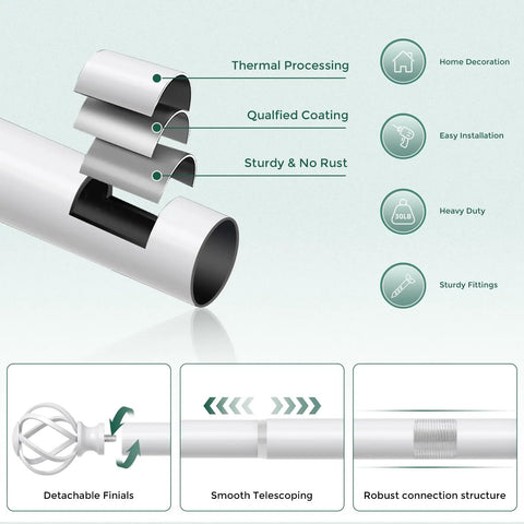 Diagram of White Curtain Rod 36-88 Inch Adjustable Heavy Duty Metal Rod With Twisted Cage Finials showing its features and structure