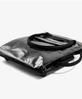 90L Collapsible Rolling Tote With Wheels For Groceries And Laundry, Foldable black utility cart lying flat, side view