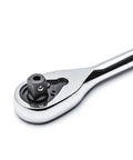 Three Eighths Inch Drive Ratchet With Seventy Two Tooth Quick Release Teardrop Low Profile Head Eight And A Half Inch Length Chrome Vanadium