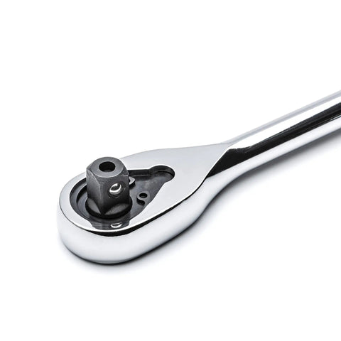 Three Eighths Inch Drive Ratchet With Seventy Two Tooth Quick Release Teardrop Low Profile Head Eight And A Half Inch Length Chrome Vanadium
