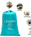 Blue laundry bag with drawstring, labeled 'Laundry Bag,' surrounded by images showing use for toy, camping, travel, and dormitory.