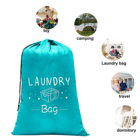 Blue laundry bag with drawstring, labeled 'Laundry Bag,' surrounded by images showing use for toy, camping, travel, and dormitory.