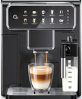 Fully Automatic Espresso Machine With Built In Adjustable Grinder And Auto Milk Frother Seven One Touch Brew Presets coffee brewing in black.