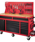 Heavy Duty Mobile Workbench With Adjustable Shelves And Durable Wood Top Roll Out Tool Storage Cart with pegboard and tools.
