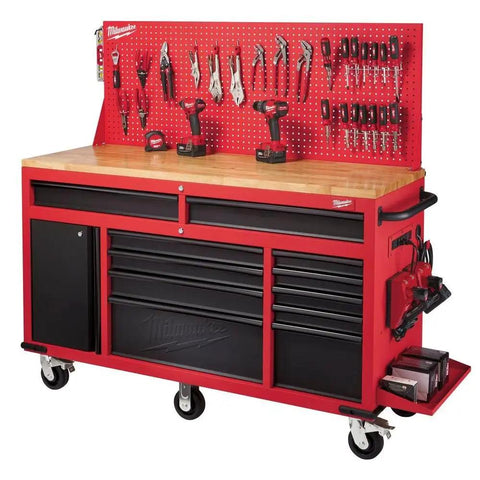 Heavy Duty Mobile Workbench With Adjustable Shelves And Durable Wood Top Roll Out Tool Storage Cart with pegboard and tools.
