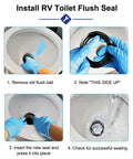 RV Toilet Seal Replacement Kit For Campers And Travel Trailers Flush Ball Gasket Seal For 300 310 320 Toilets Part 385311658 Durable Rubber Easy Install Fix Leaks And Odors 2 Pack, black seal installed in RV toilet with gloved hands