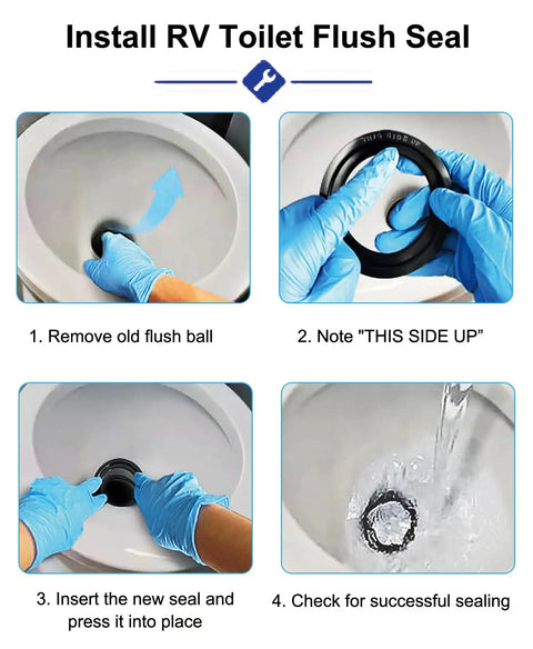 RV Toilet Seal Replacement Kit For Campers And Travel Trailers Flush Ball Gasket Seal For 300 310 320 Toilets Part 385311658 Durable Rubber Easy Install Fix Leaks And Odors 2 Pack, black seal installed in RV toilet with gloved hands