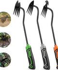 Three Piece Weed Puller Tool Set For Easy Weeding Portable Garden Weeder Hand Tool For Vegetable Gardening And Backyard Farm Uprooting Weeds Fast Without Strain Durable High Quality Garden Weeding Tools with green, gray, and orange handles