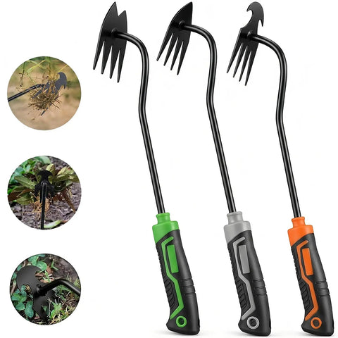 Three Piece Weed Puller Tool Set For Easy Weeding Portable Garden Weeder Hand Tool For Vegetable Gardening And Backyard Farm Uprooting Weeds Fast Without Strain Durable High Quality Garden Weeding Tools with green, gray, and orange handles
