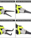 Beefy Four Piece 7 Inch Snap Ring Pliers Set Internal And External Circlip Pliers Kit with Straight and Bent Jaw views