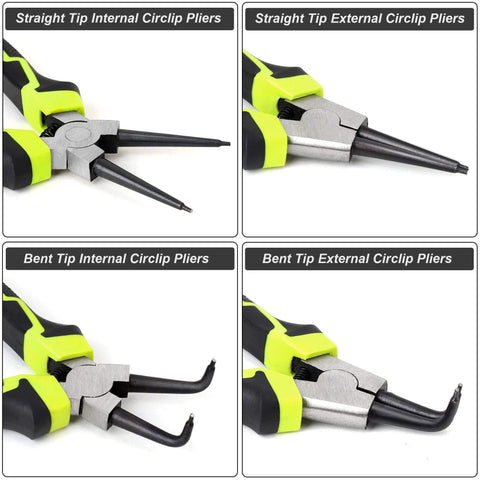 Beefy Four Piece 7 Inch Snap Ring Pliers Set Internal And External Circlip Pliers Kit with Straight and Bent Jaw views