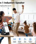 Family dancing in living room with a 5-in-1 Induction And Bluetooth 5.3 Speaker With Phone Stand and colorful lights on table.