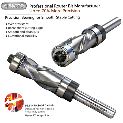 Compression Top And Bottom Bearing Flush Trim Router Bit With One Quarter Inch Shank, One Half Inch Cutting Diameter, Carbide Spiral Up Down Pattern