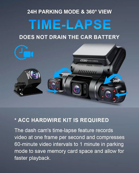 360 Degree Four Channel Dash Cam With Front Rear Left And Right Cameras For All Around Coverage Car Dash Camera With GPS WiFi Night Vision 24 Seven Parking Mode 1080P Recording 128GB Card Included, featuring time-lapse mode and 24-hour parking view.